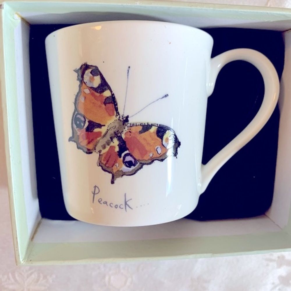 Madeleine Floyd Cup Bone China 3.5”  ‘Peacock Butterflies’ New in Box England